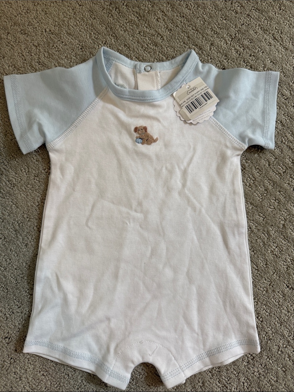 Mud Pie White and Light Blue Short Sleeve Baby Romper with Puppy Embroidery